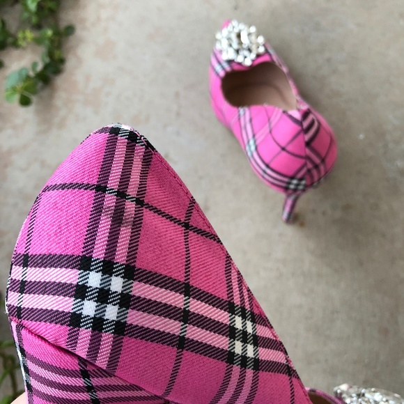 Lauren Lorraine Pink Plaid Jewel Heels Pumps - Picture 6 of 6